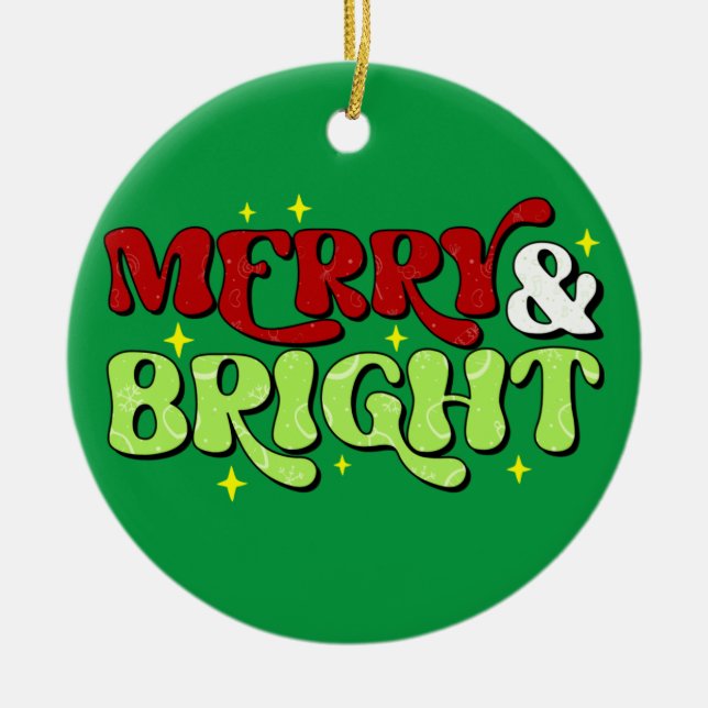 Adorno De Cerámica Merry y Bright - Navidades retro Felices Fiestas (Frente)