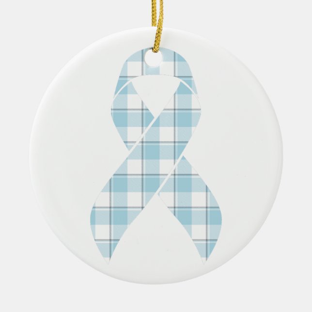 Adorno De Cerámica Mesothelioma Awareness Plaid Light Blue Ribbon (Frente)
