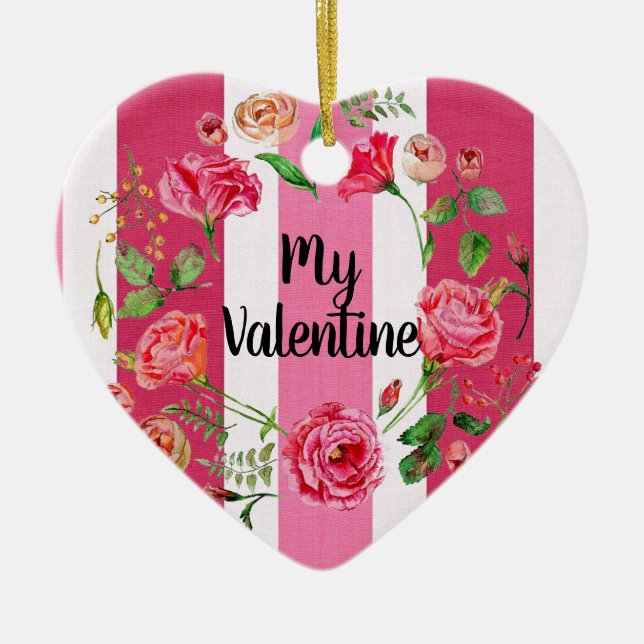 Adorno De Cerámica Mi cosecha de San Valentín rosa y blanca a rayas (Frente)