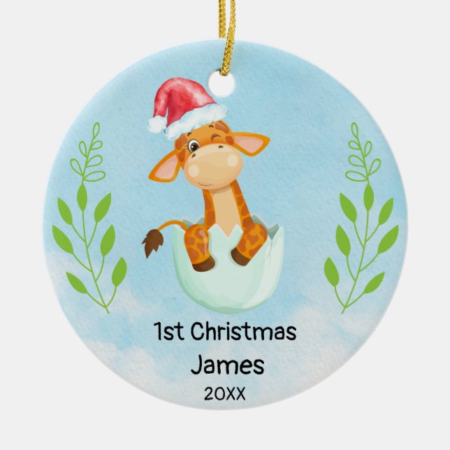 Adorno De Cerámica Mi primer bebé azul de Navidad Giraffe (Frente)