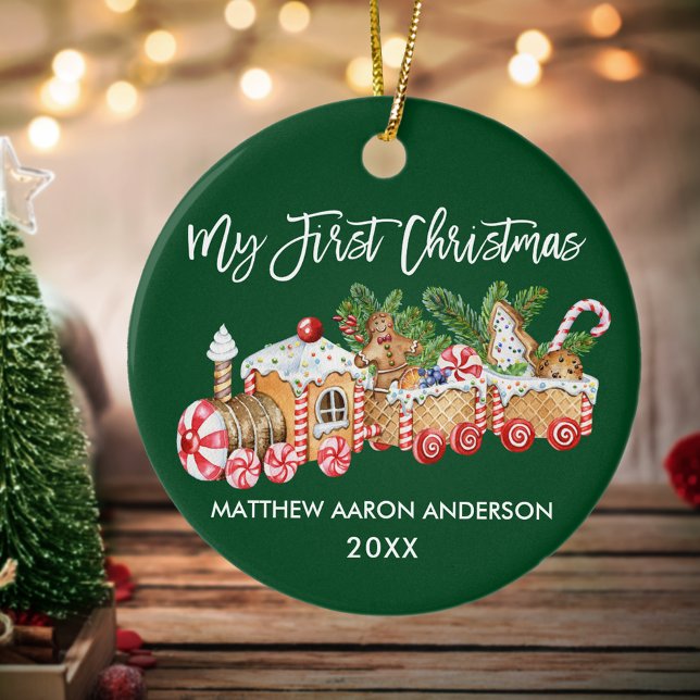 Adorno De Cerámica Mi primer bebé de Navidad Gingerbread Train Green (Baby's First Christmas Candy Cane Train Ornament)