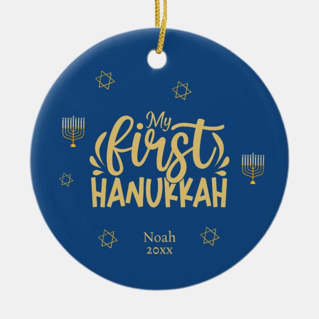 Adorno De Cerámica Mi primer Hanukkah azul, estrella, Menorah (Frente)