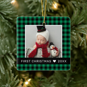 Adorno De Cerámica Mi Primer Navidad Plaid Verde Búfalo Foto de Bebé