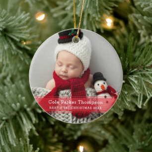 Adorno De Cerámica Mi primer Navidad Red Stripe Foto personalizada de