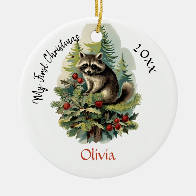 Adorno De Cerámica Mi primer nombre de bebé Raccoon de Navidad (Frente)