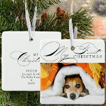 Adorno De Cerámica Mi primera fotografía Mascota navideña caligrafía<br><div class="desc">Mi primer ornamento de fotos de mascota de Navidad que puedes personalizar con tu foto favorita y la redacción personalizado en la parte de atrás. Elegante diseño tipográfico escrito con My First Christmas en rápida caligrafía e impresión clásica. Todo el texto,  excepto Mi Primera Navidad es editable.</div>