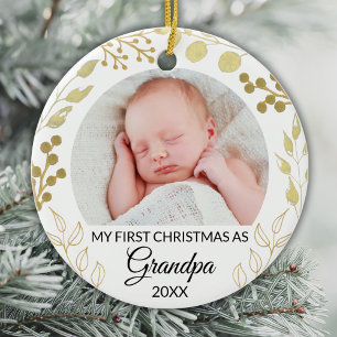 Adorno De Cerámica Mi primera Navidad como abuelo Foto Follaje Dorado
