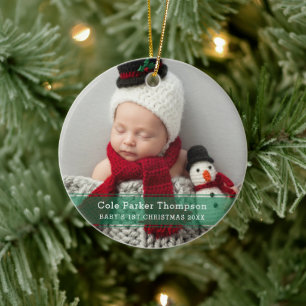 Adorno De Cerámica Mi primera Navidad Franja Verde Foto Personalizada
