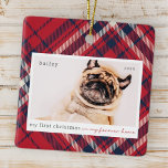 Adorno De Cerámica Mi primera Navidad para siempre en casa Mascota fo<br><div class="desc">Este diseño simple y clásico está compuesto por tipografía de la síspera y agrega una foto de un mascota personalizado. "Mi primera Navidad en mi casa para siempre" adorna el diseño.</div>