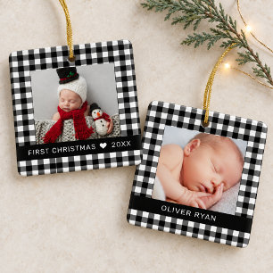 Adorno De Cerámica Mi primera Navidad Plaid Negro Búfalo Foto de bebé
