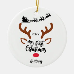 Adorno De Cerámica Mi primera Navidad, Santa Sleigh Reindeer Keepsake