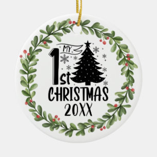 Adorno De Cerámica Mi primera Wreath acuarela de Navidades