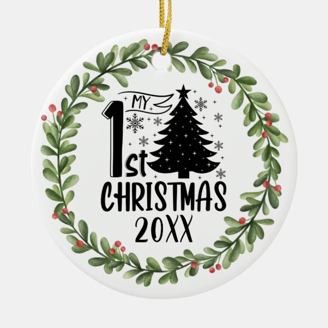 Adorno De Cerámica Mi primera Wreath acuarela de Navidades (Frente)