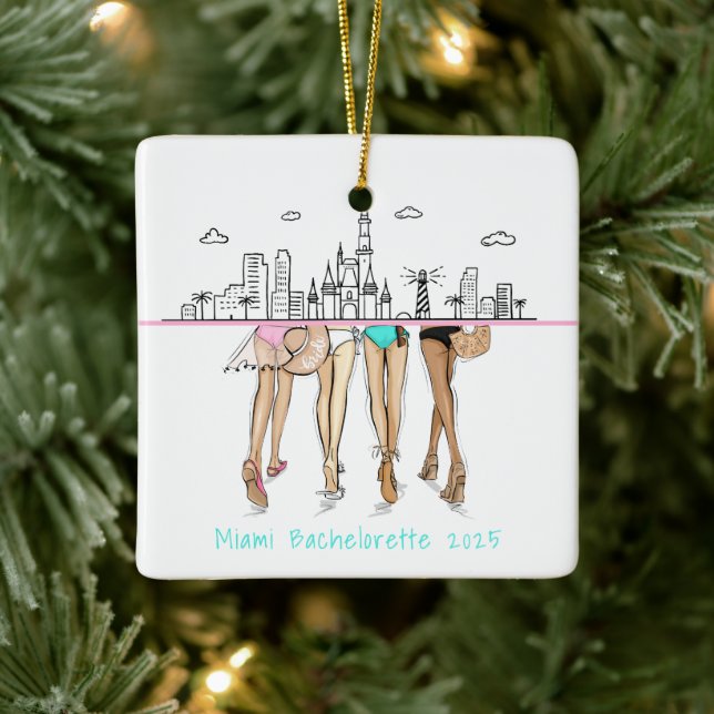Adorno De Cerámica Miami Skyline Bachelorette Bikini Custom Keepsake (Árbol)