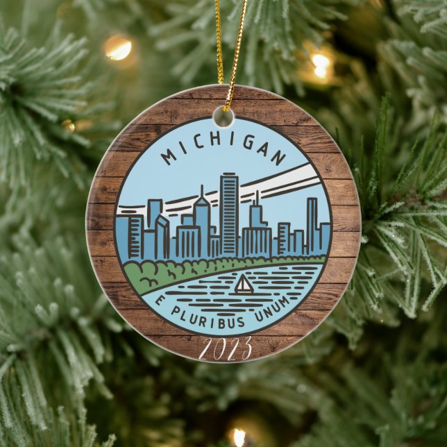 Adorno De Cerámica Michigan Feliz Navidad - Año - Personalizar (Árbol)