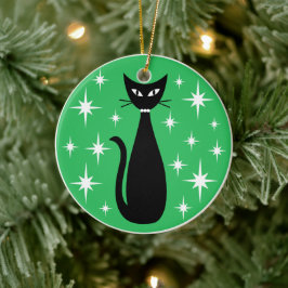 Adorno De Cerámica Mid Century Black Cat with White Stars on Green