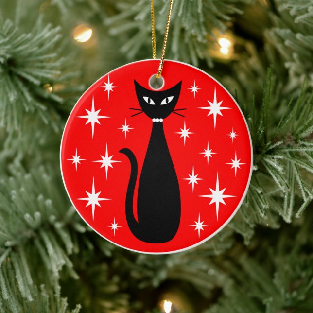 Adorno De Cerámica Mid Century Black Cat with White Stars on Red (Árbol)