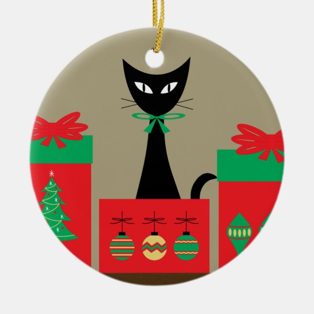 Adorno De Cerámica Mid Century Christmas Cat in Box (Frente)