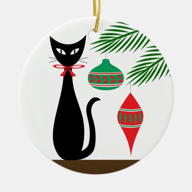 Adorno De Cerámica Mid Century Holiday Cat with Ornaments (Frente)