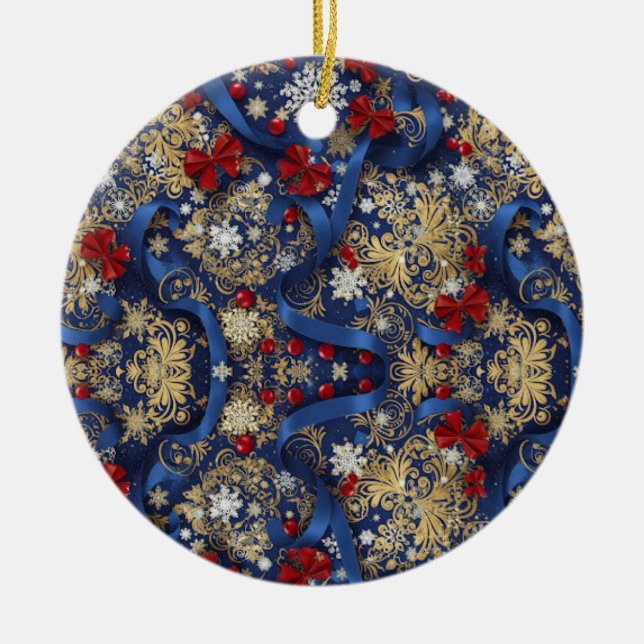 Adorno De Cerámica Midnight Majesty — Blue & Gold Christmas Ornament (Frente)