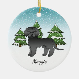 Adorno De Cerámica Mini Goldendoodle negro - Bosque de invierno y nom