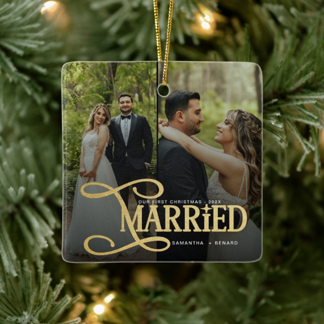 Adorno De Cerámica Minimal First Christmas Married Couples 2 Photos (Árbol)