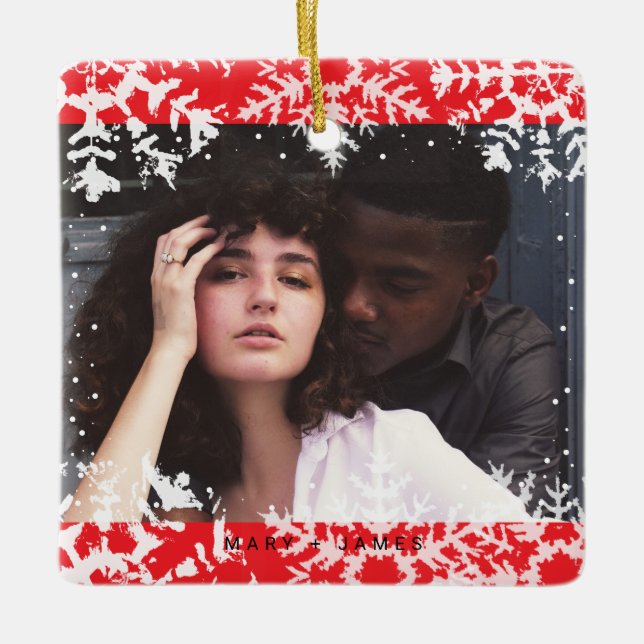 Adorno De Cerámica Minimal Snowflakes Frame | Merry and Married Photo (Anverso)