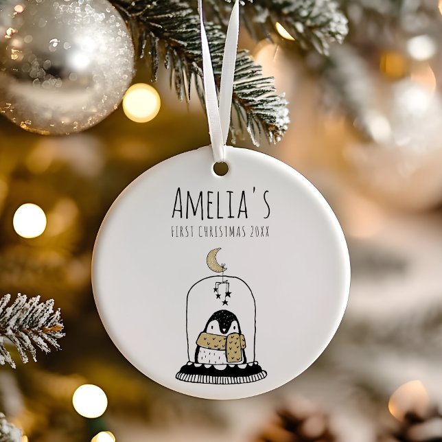 Adorno De Cerámica Minimalist Hand-Drawn Baby's First Christmas (Modern minimalist hand-drawn black and gold customisable baby's first Christmas ornament. )