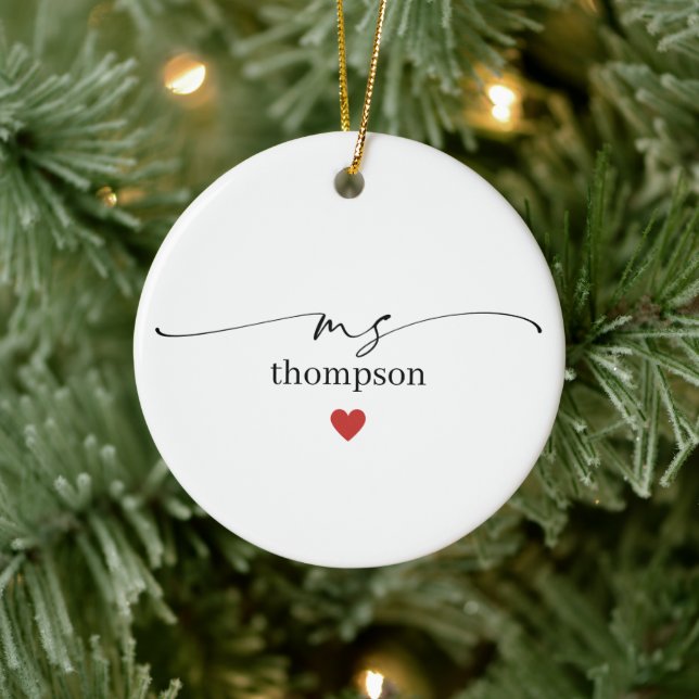 Adorno De Cerámica Minimalist Teacher Name Ornament with Heart (Árbol)