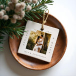 Adorno De Cerámica Mínimo moderno involucrado y más de 2 fotos compro<br><div class="desc">Mínimo y moderno ornamento de fotos simple para guardar fotos para conmemorar tu primera Navidad prometida. El diseño presenta un diseño sencillo y mínimo con un diseño de fotos cuadradas para mostrar su foto especial de compromiso. "Engaged & Merry", nombre de año y pareja mostrado en un sencillo diseño moderno...</div>