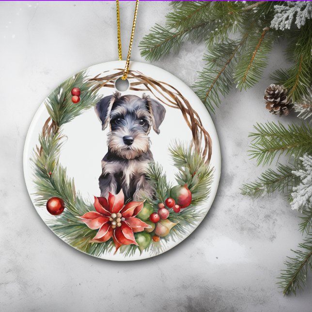 Adorno De Cerámica Ministra Schnauzer Puppy Poinsettia Wreath (Subido por el creador)