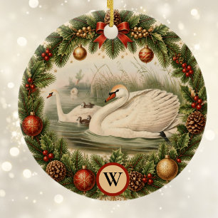 Adorno De Cerámica Mirada Vintage Cisne y Cisnes Bebés Navidad Person