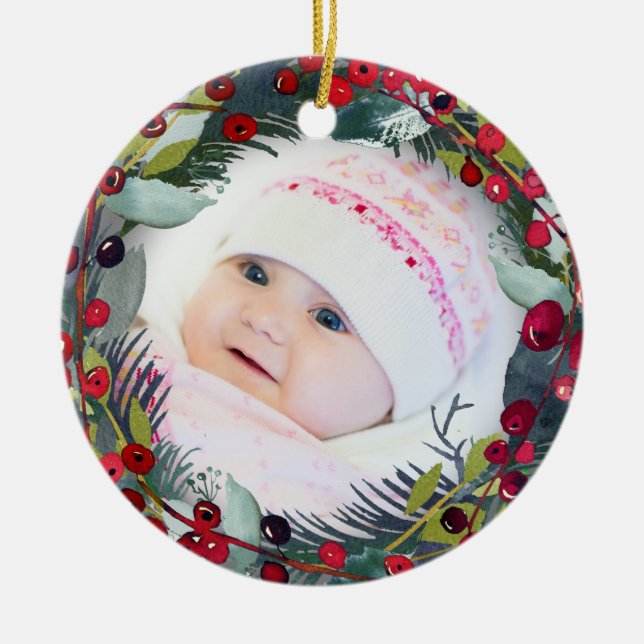 Adorno De Cerámica Mis primeros Navidades Baby Photo Holly Wreath (Frente)