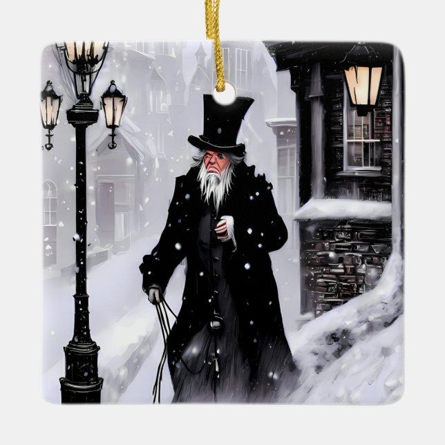 Adorno De Cerámica Miserly Ebenezer Scrooge Snowy Victorian Street (Anverso)