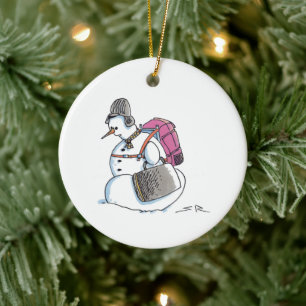 Adorno De Cerámica Mochila Nochebuena de cerámica blanca de Snowman