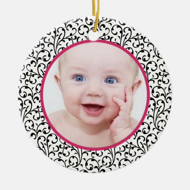 Adorno De Cerámica Moda Damask Pink Baby's First Christmas (Frente)
