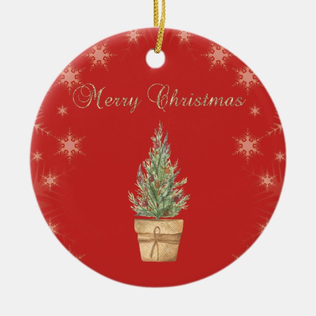 Adorno De Cerámica Moda Faux Gold Snowflakes,Árbol de Navidad Rojo (Frente)