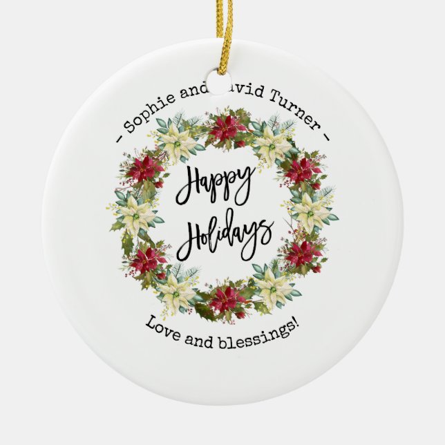Adorno De Cerámica Moda Felices Fiestas Script Poinsettia Monograma (Frente)