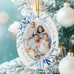 Adorno De Cerámica Moda Happy Hanukkah Family Photo Blue<br><div class="desc">Hermosas hojas botánicas de acuarela azul surgen de tu fotografía vertical de la familia judía para un adorno de Happy Hanukkah. Personalice este regalo de fotos de la moda Chanukah para las vacaciones.</div>