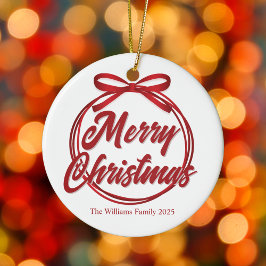 Adorno De Cerámica Moda Merry Christmas Script Red Ribbon Bow
