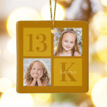 Adorno De Cerámica Moda Oro 2 Personalizado de Collage de fotos Fiest<br><div class="desc">oro de moda 2 foto cumpleaños cuadrado adorno de sake para una celebración elegante. Celebra tu cumpleaños con fotos bonitas en esto agrega tu propio regalo fotográfico con colores elegantes. Añade su nombre y edad.</div>