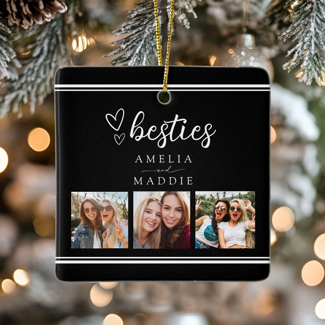 Adorno De Cerámica Modern 3 Photo Collage Besties Black and White  (Modern 3 Photo Collage Besties Black and White Ceramic Ornament)