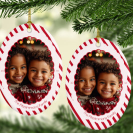 Adorno De Cerámica Modern Candy Cane Stripe Christmas 2 Sided Photo 