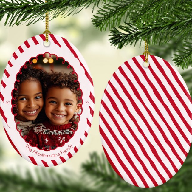 Adorno De Cerámica Modern Candy Cane Stripe Christmas Photo  (Retro Candy Cane Whimsical Striped Christmas 1 photo ornament)