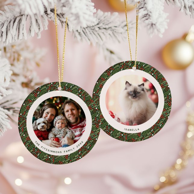 Adorno De Cerámica Modern Christmas Holly Foliage 2 Photos (Holly Leaf Christmas 2 photos ornament)