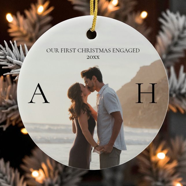 Adorno De Cerámica Modern Couple 2 Photo First Christmas Engaged (Modern Couple 2 Photo First Christmas Engaged Ceramic Ornament)