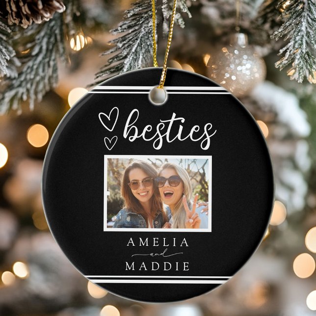 Adorno De Cerámica Modern Photo Besties Hearts Black and White  (Modern Photo Besties Hearts Black and White Ceramic Ornament)