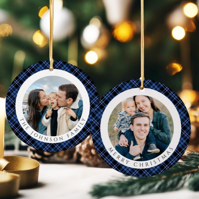 Adorno De Cerámica Modern Plaid Photo Christmas (Modern Plaid Photo Christmas Ceramic Ornament)