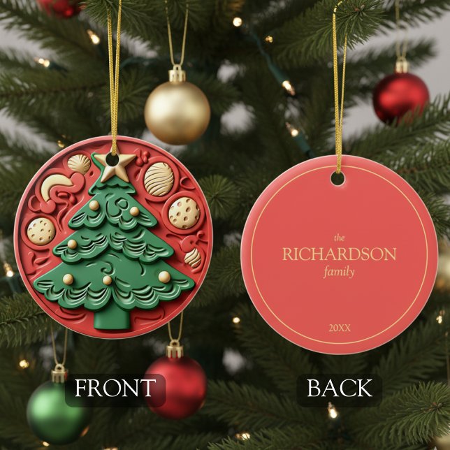 Adorno De Cerámica Modern Red Green Christmas Tree Ornament (cute 3D-effect trompe l'oeil red green Christmas tree ornament with customizable family name year)
