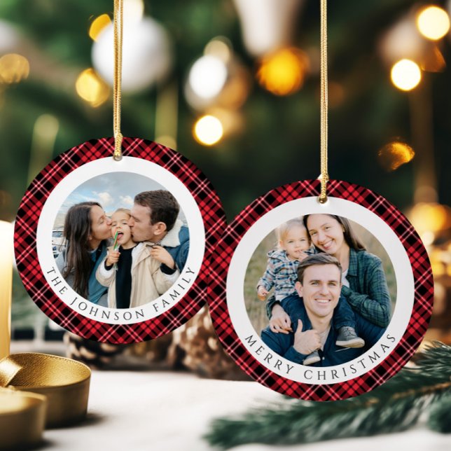 Adorno De Cerámica Modern Red Plaid Photo Christmas (Modern Red Plaid Photo Christmas Ceramic Ornament)